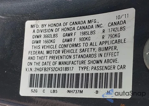2012 Honda Civic Lx from USA, damaged, VIN 2HGFB2F52CH318917